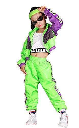 Vestito per Bambini per Street Dance Gilet Corto Giacca Verde Fluorescente e Pantaloni Jogger LOLANTA Set di Abbigliamento Hip-Hop per Ragazze 3 Pezzi 