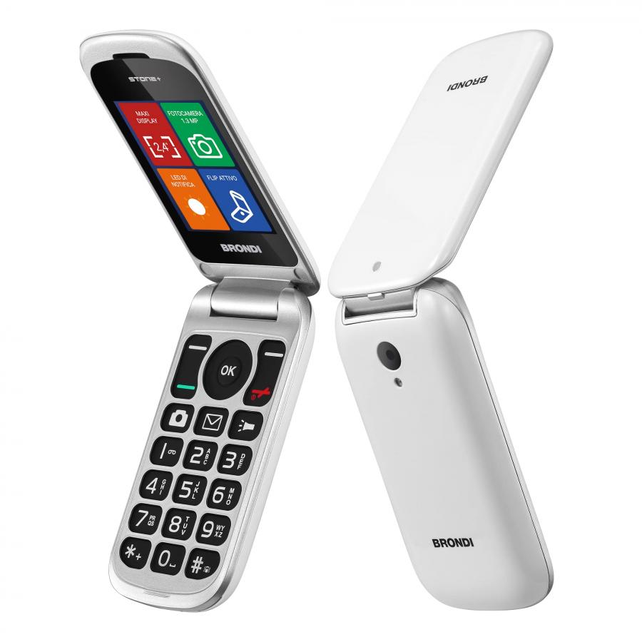Brondi Stone+ - Cellulare con apertura a conchiglia e flip attivo, Dual Sim, Display 2.4 pollici, Bianco