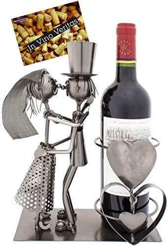 BRUBAKER Portabottiglia da Vino dal Raffinato Design Coppia di Sposi - Portabottiglie per Vino in Metallo con Biglietto di Auguri