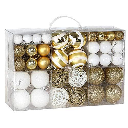 BAKAJI Confezione 100 Palline di Natale Diametro 3/4/6 cm Addobbi e Decorazioni per Albero di Natale (Bianco Oro)