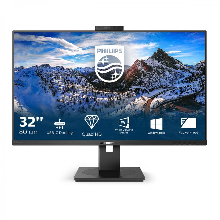Philips 326P1H - Docking Monitor QHD USB-C da 32 pollici, webcam, regolabile in altezza (2560 x 1440, 75 Hz, HDMI, DisplayPort, USB-C, hub USB), colore: Nero