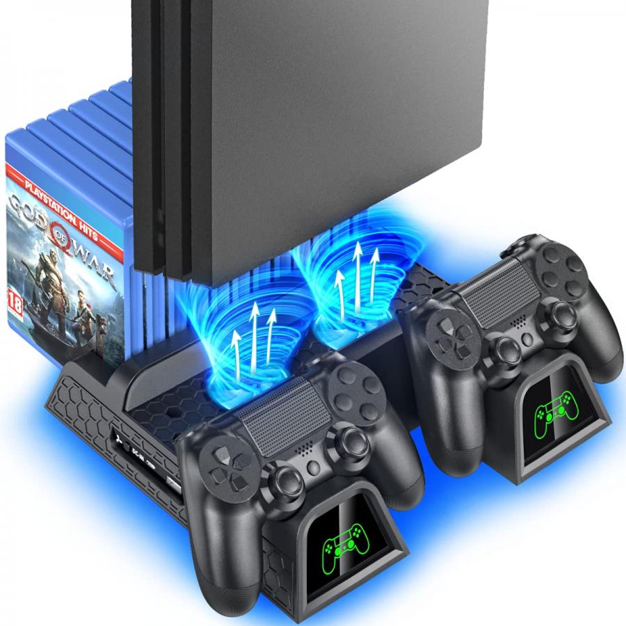 OIVO Supporto Verticale PS4 con Ventola, Stazione di Ricarica Controller e Porta Giochi