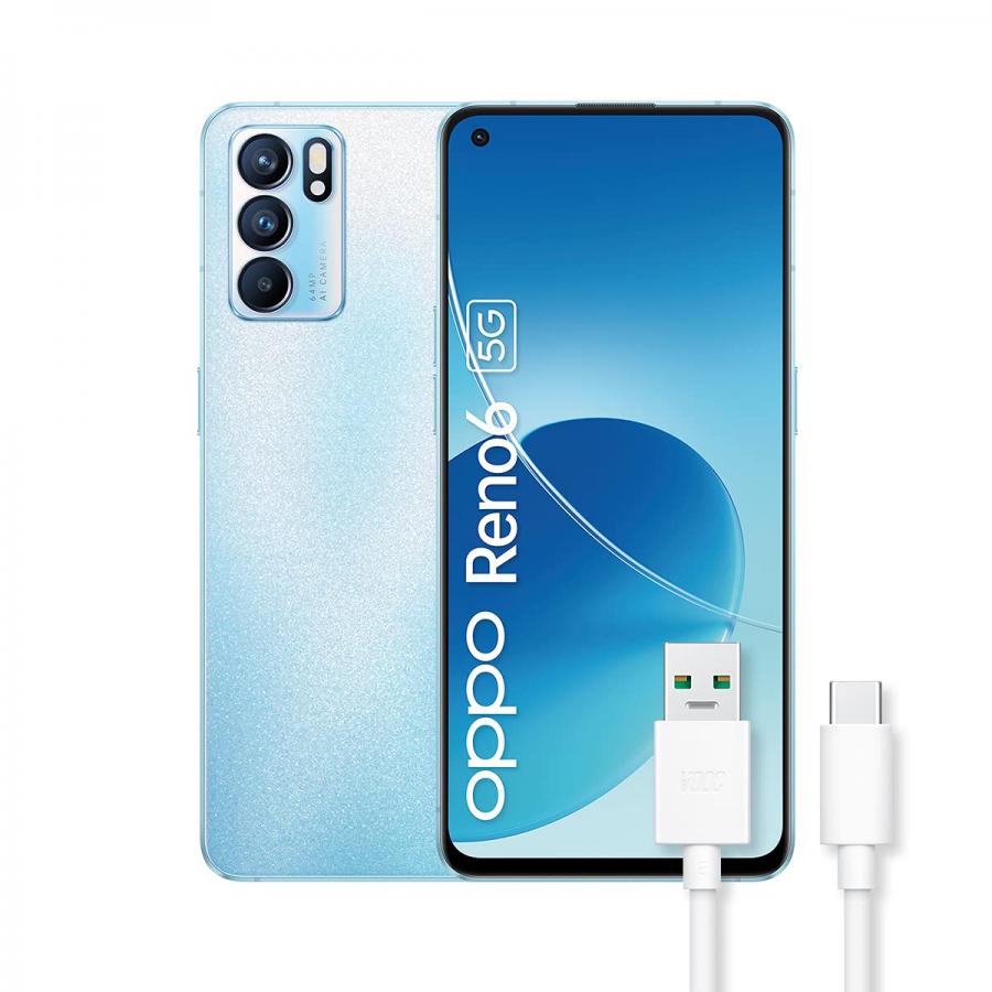 OPPO Reno6 5G, Dual Sim, Mediatek 900, Display 6.43‘’ FHD+ AMOLED 90Hz, Tripla Camera 64MP + 108MP, RAM 8GB Espandibile + ROM 128GB, 4300mAh, con cavo dati Tipo-C, [Versione Italiana], Artic Blue