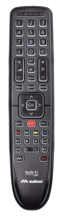 Meliconi Facile 5.1 LED telecomando universale 5 in 1 con corpo in gomma e tastiera retroilluminata. Ideal eper Tv Smart. Assistenza telefonica. Aggiornabile via Web
