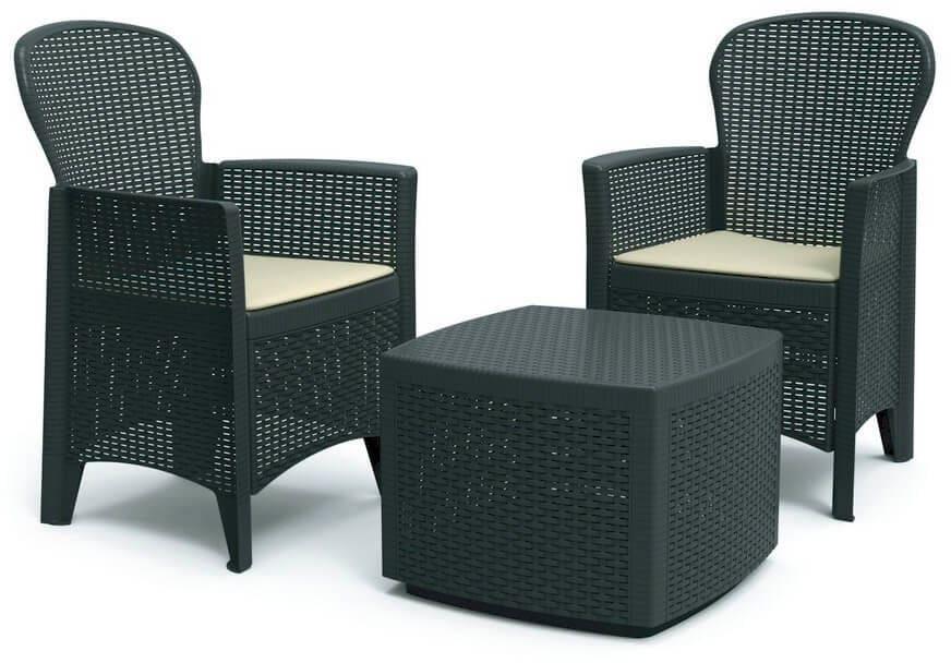 Set da giardino Salotto da giardino Salottino da esterno completo 3 pezzi: 2 Poltrone, Tavolino e Cuscini colore Antracite - Tree