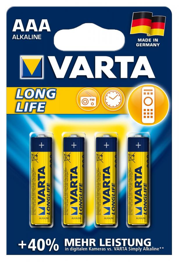 Varta Longlife Batteria Alcalina AAA Ministilo LR03, Confezione da 4 Pile