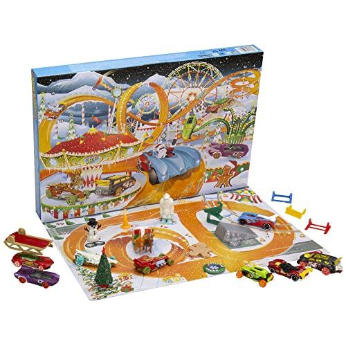 Hot Wheels - Calendario dell'Avvento, 8 macchinine Hot Wheels a tema natalizio e accessori assortiti con tappetino da gioco, regalo e giocattolo per Bambini 3+ Anni, HCW15