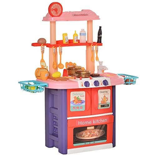 homcom Cucina Giocattolo per Bambini con 51 Accessori, Fornelli con Luce e Suoni e Lavandino, età 3+ Anni, 71.5x35x85.5cm