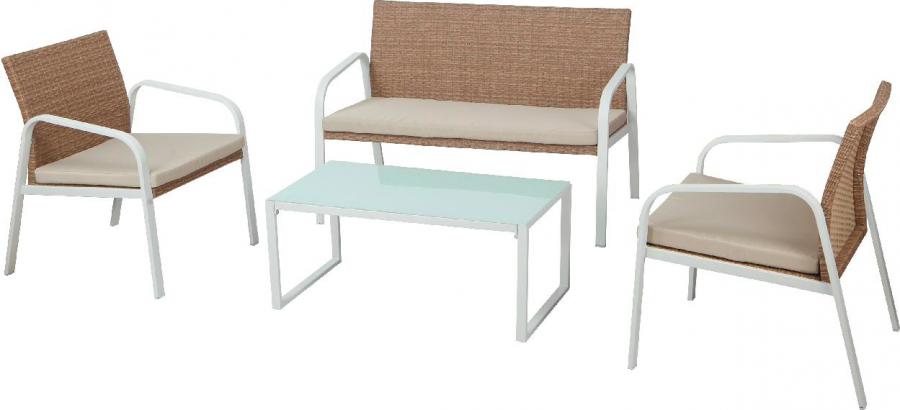 Set da giardino Salotto da giardino effetto Rattan Salottino da esterno completo 4 pezzi: Divano, Poltrone, Tavolino e Cuscini colore Bianco / Miele - S1304401 Madeira