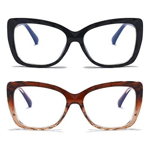 MMOWW - 2 Pacco Occhiali da Lettura con Occhio di Gatto Motivo a onde,  Comodi e Alla Moda Grande Cat Eye（Nero+Sfumatura marrone, +1.0）