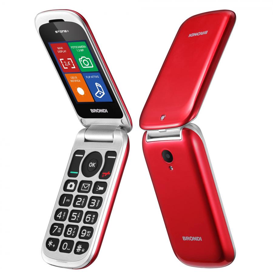Brondi Stone+ Rosso - Cellulare con apertura a conchiglia e flip attivo, Dual Sim, Display 2.4 pollici