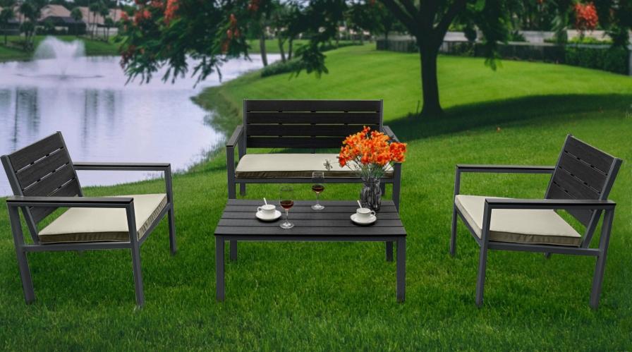 Set da giardino Salotto da giardino Salottino da esterno completo 4 pezzi: 2 Sedie, 1 Divano, 1 Tavolino colore Antracite - Oregon HDPE