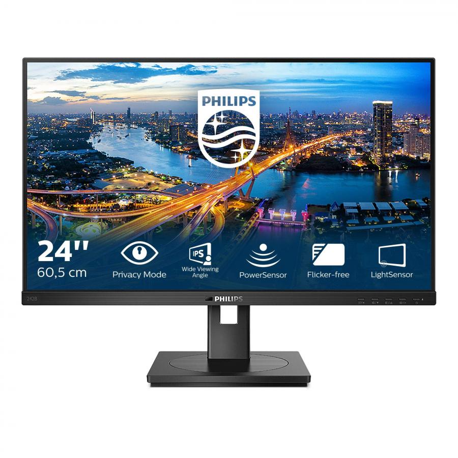 Philips 242B1V - Monitor FHD da 24 pollici, regolabile in altezza, modalità sfera privata (1920 x 1080, 75 Hz, DVI, HDMI, DisplayPort, USB Hub), colore: Nero