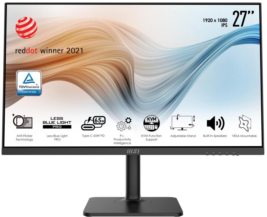 MSI Modern MD272P Monitor da ufficio FHD da 27 pollici - Pannello IPS 1920 x 1080, 75 Hz, Schermo Eye-Friendly, Speaker integrati, Supporto regolabile a 4 vie, KVM - DP 1.2a, USB Type-C