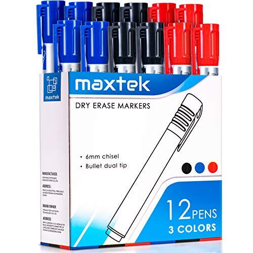 maxtek Pennarello per lavagna bianca, cancellabile, punta rotonda circa 2-3 mm di larghezza, set di 3 colori di alta qualità, accessori per la scuola, l'ufficio, la casa (12 rosso + 12 blu