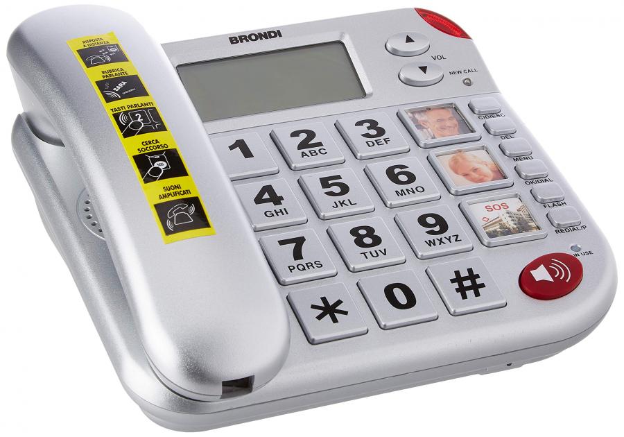Brondi Super Bravo Plus Telefono a filo senior con telecomando SOS, Installabile anche a muro, Grigio (Argento)