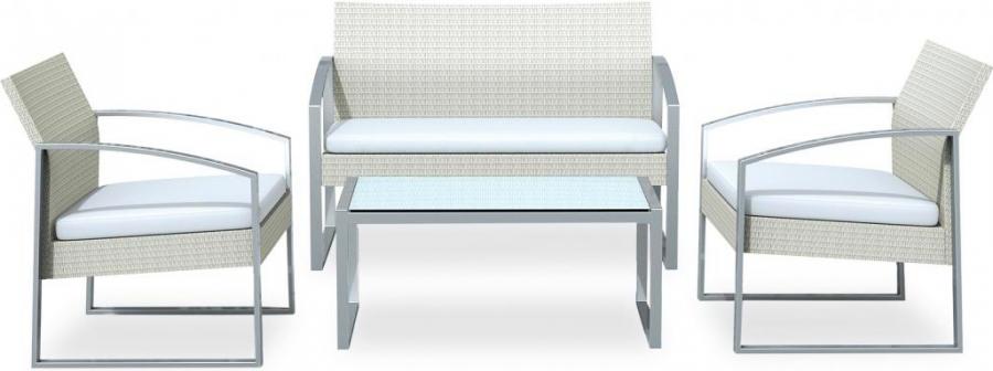 Set da giardino Salotto da giardino effetto Rattan Salottino da esterno completo 4 pezzi: Divano, Poltrone, Tavolino e Cuscini colore Grigio chiaro - S1304523 Alicante