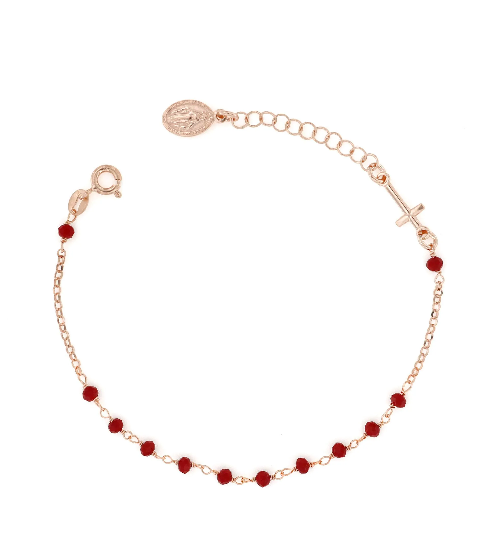 Bracciale Rosario Argento 925 Placcato Rosa con Pietre Rosse - Linea Italia Gioielli