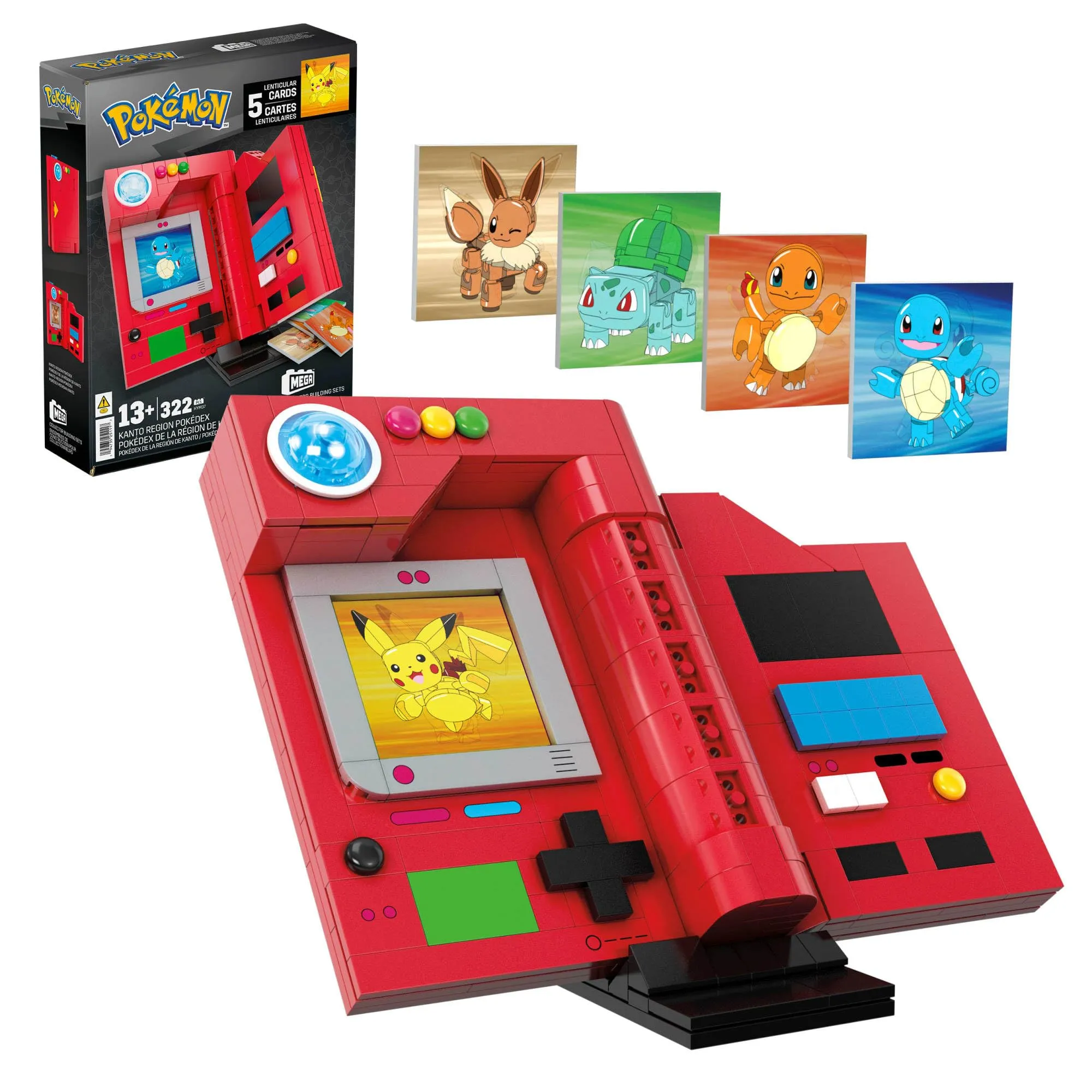 Mega Pokémon - Pokédex della regione di Kanto, Set da Costruire con 322 Pezzi, Display, Dettagli Luminosi e 5 Carte Lenticolari di Personaggi Pokémon, Giocattolo per Collezionisti, 13+ Anni, HYM37