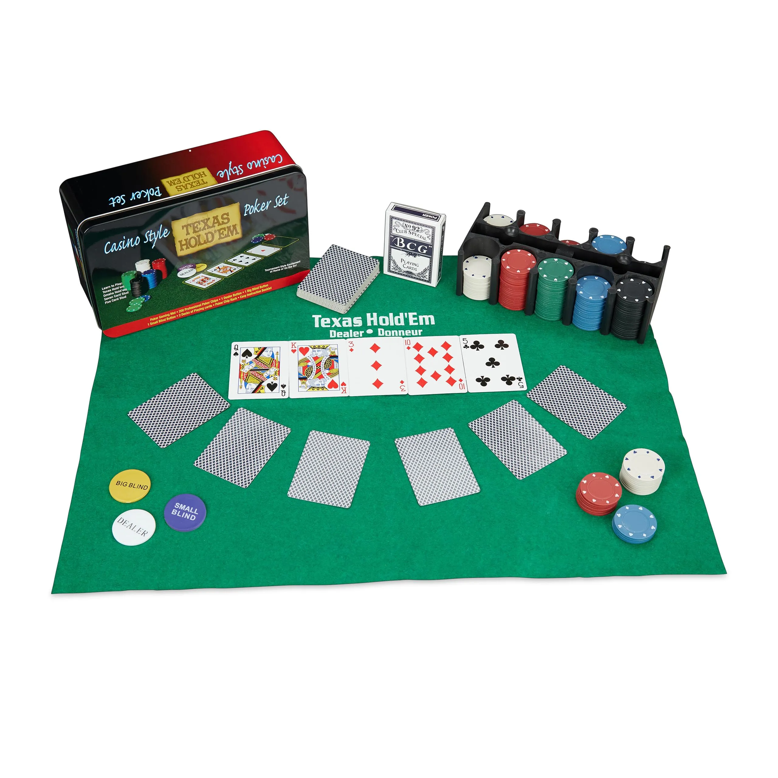 Relaxdays Set da Poker Completo, 200 Fiches, Tappetino, Carte e Accessori, con Valigetta