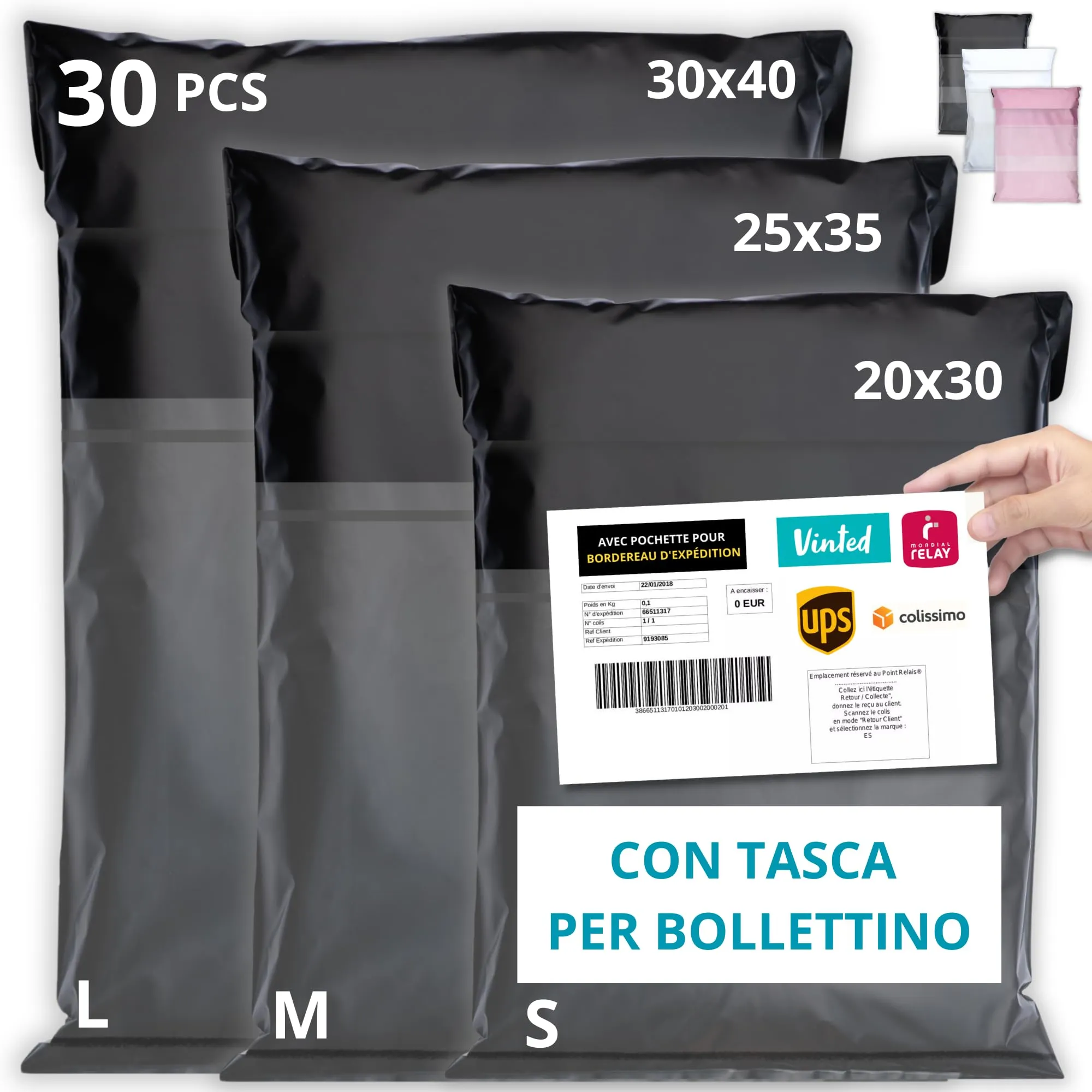 EMBALLAX - 30 Buste per Spedizioni Vinted con Tasca per Bollettino - Taglie S/M/L