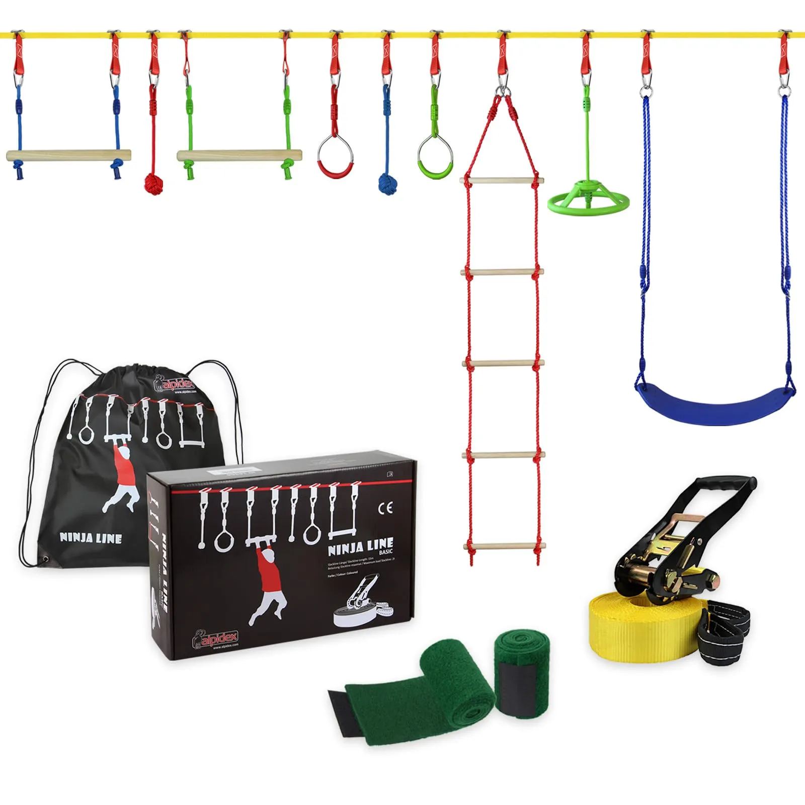 ALPIDEX Ninja Warrior Set Gioco Bambini Slackline Percorso Sospeso Ostacoli Anelli Ginnastica Nodi Corda Altalena Scaletta Accessori - Max