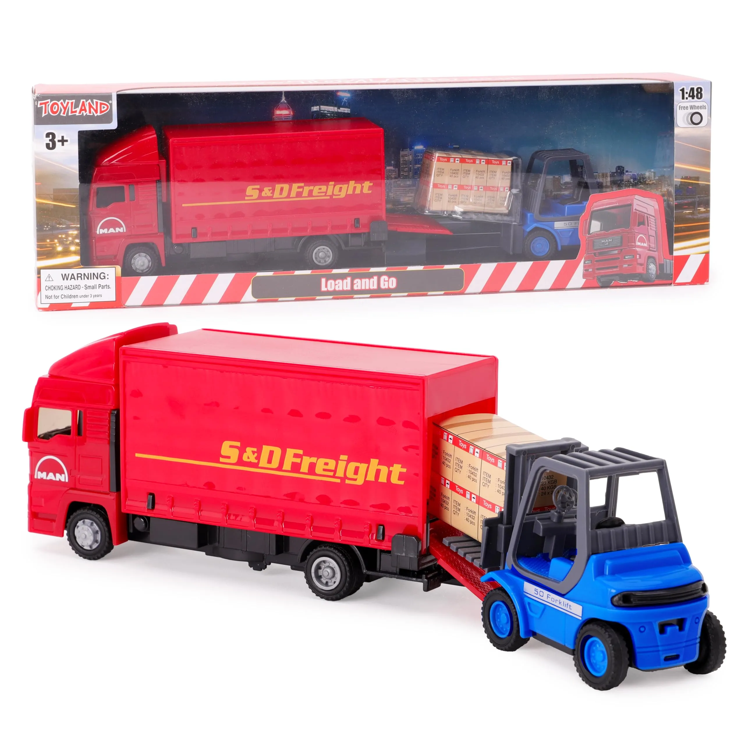 Toyland® - Set Veicoli Load & Go - Camion Merci Scania con Carrello Elevatore e Pallet (Rosso)