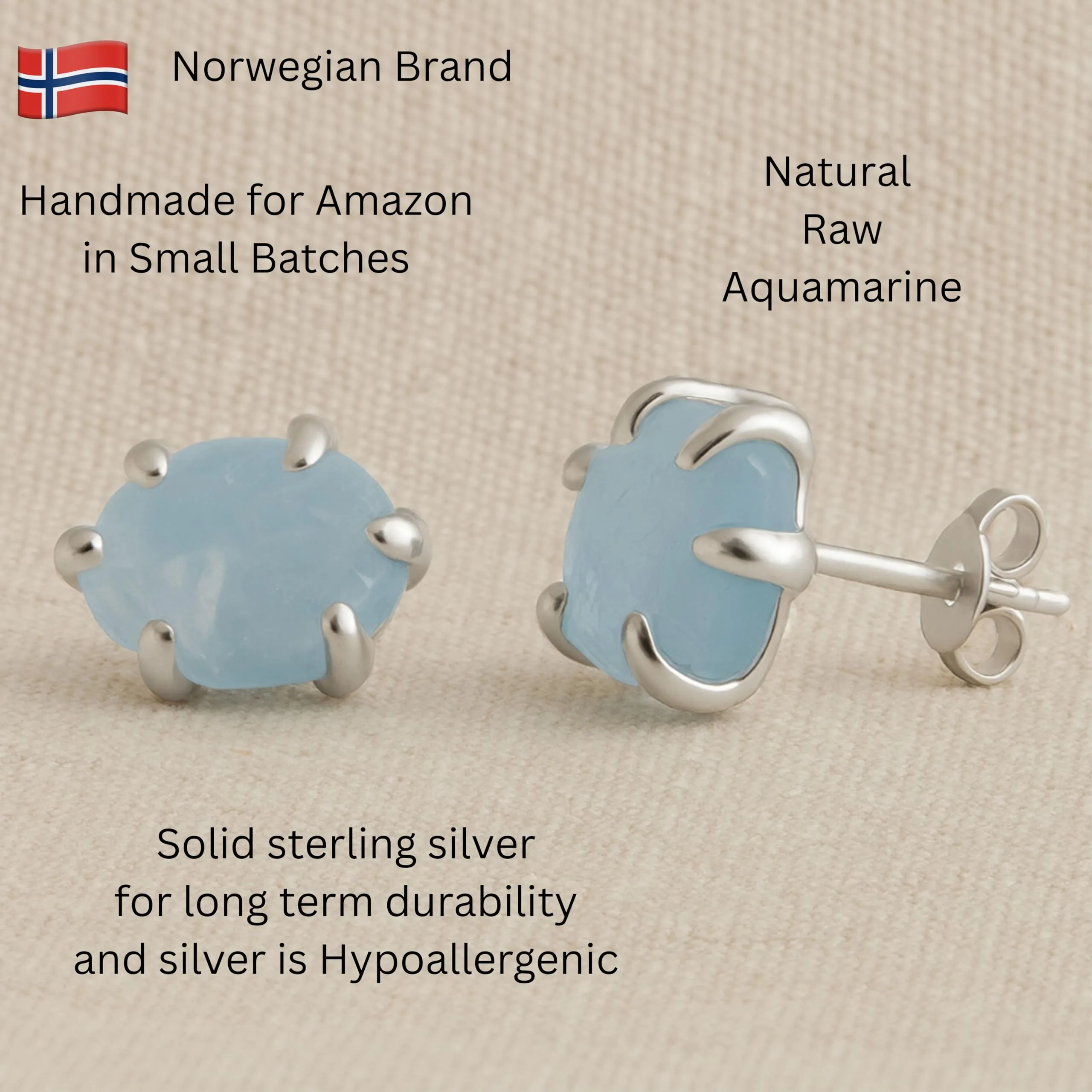 Orecchini a Bottone in Argento Sterling 925 con Acquamarina Grezza Naturale