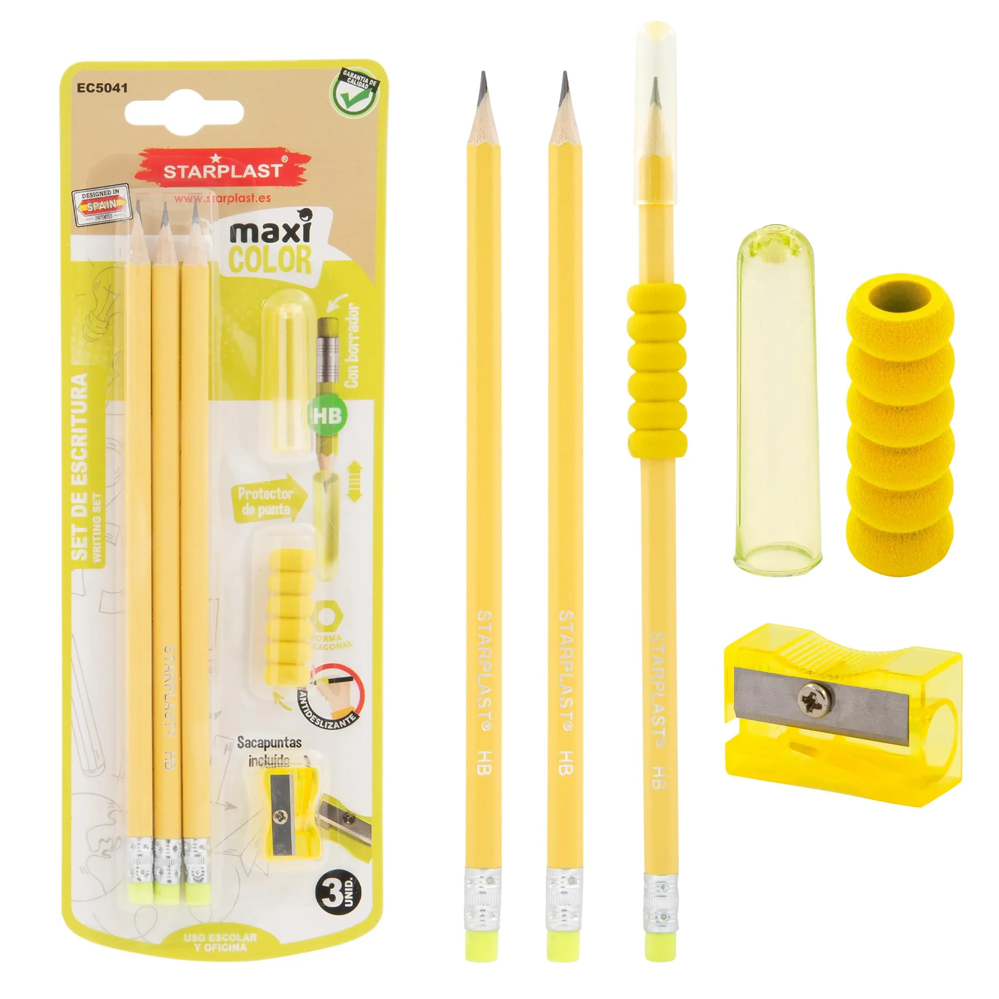 Starplast Set Matite HB con Gomma, Temperamatite e Tappo - Gialle, Esagonali, 19cm