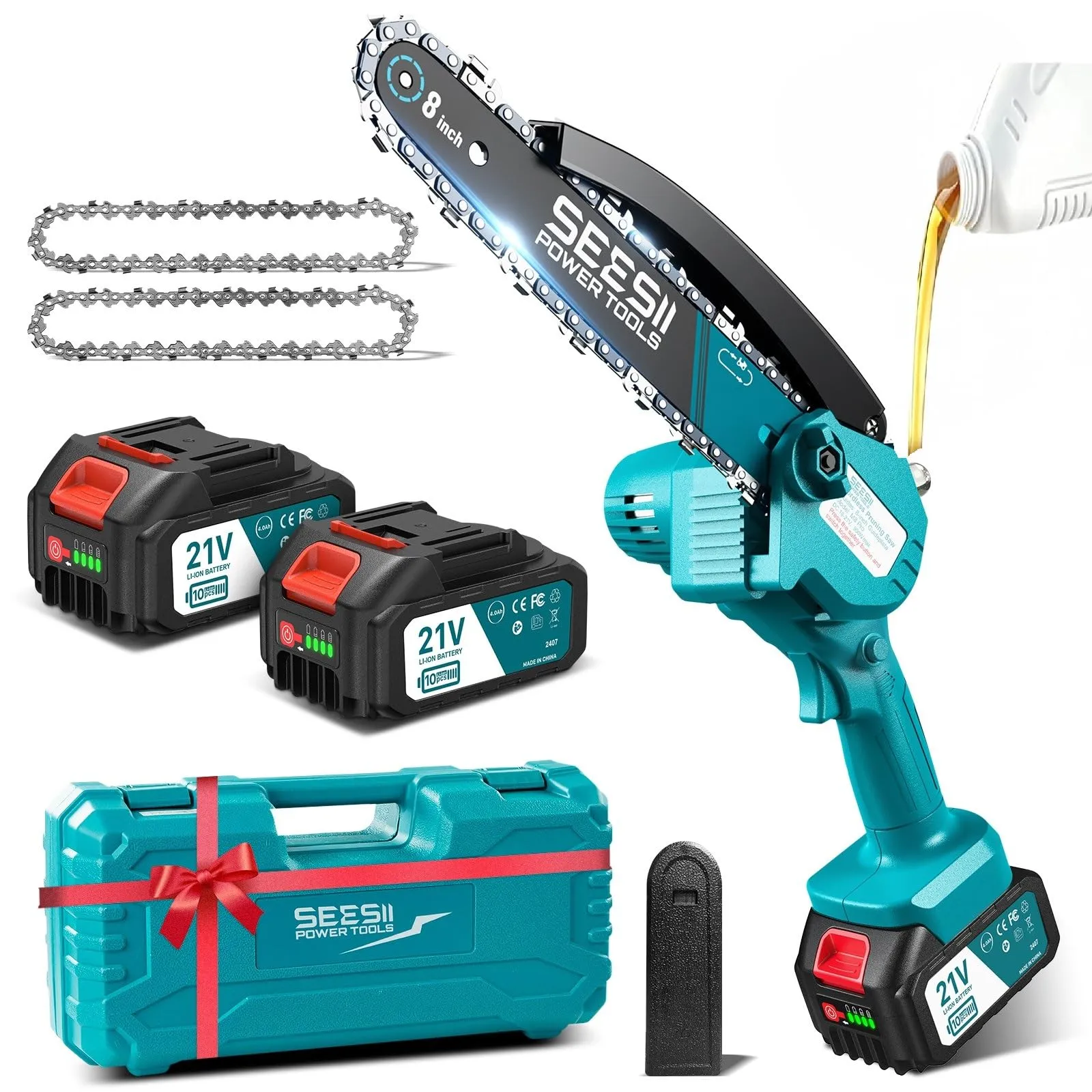 Seesii Mini Motosega a Batteria da 8 Pollici con 2 Batterie 4000mAh e Oliatore Automatico