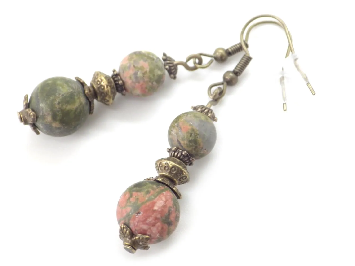Orecchini Artigianali in Unakite Verde e Bronzo Antico Stile Vintage