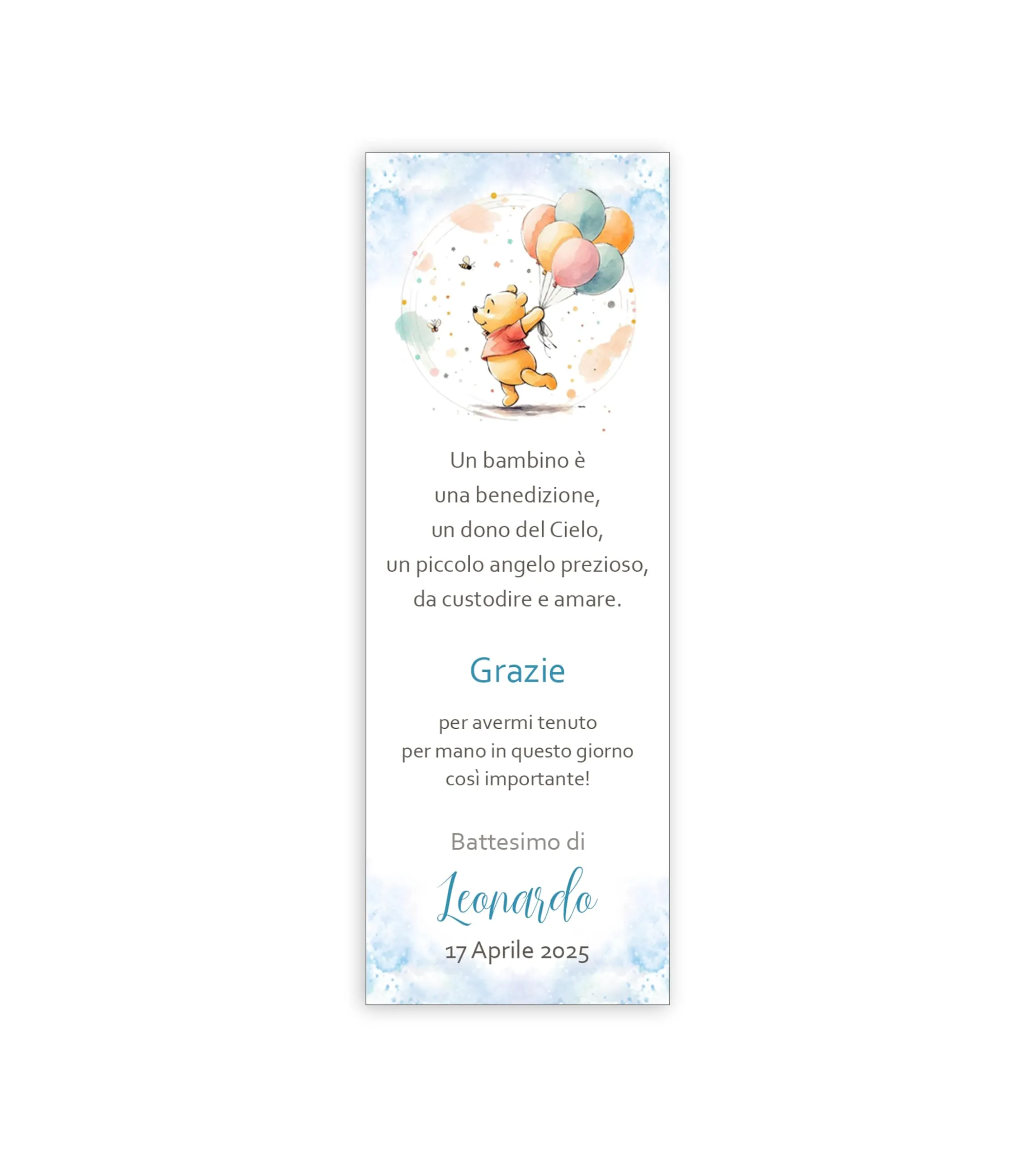 Segnalibro Battesimo Winnie l'Orsetto con Palloncino Azzurro Personalizzato - Set da 30