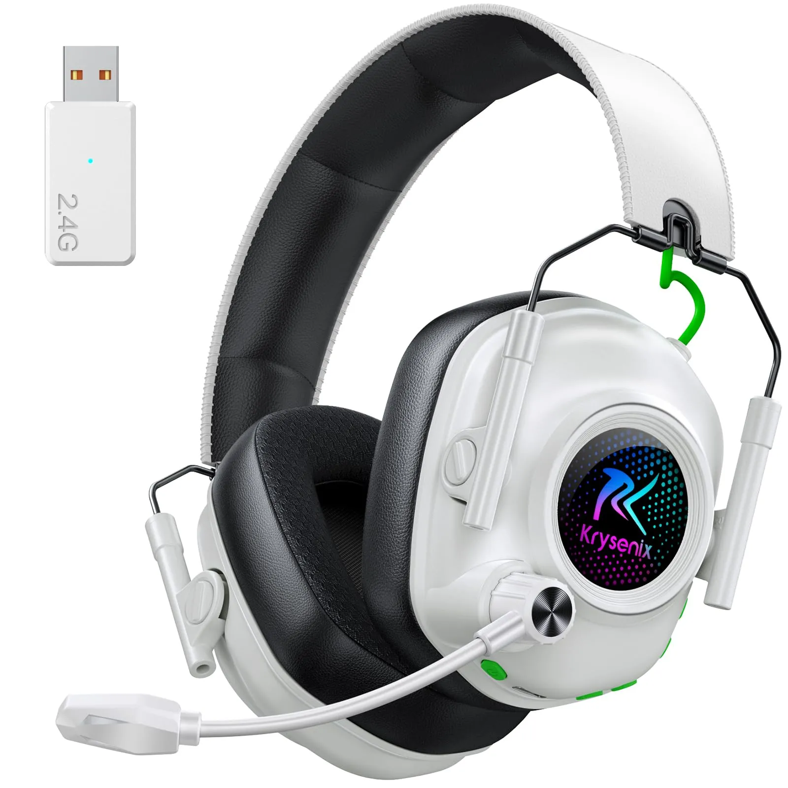 Krysenix Cuffie Gaming Wireless per PS5, PS4, PC, Mac, Switch, 2.4GHz, Bluetooth, Microfono Antirumore, 40H Autonomia, LED Bianco