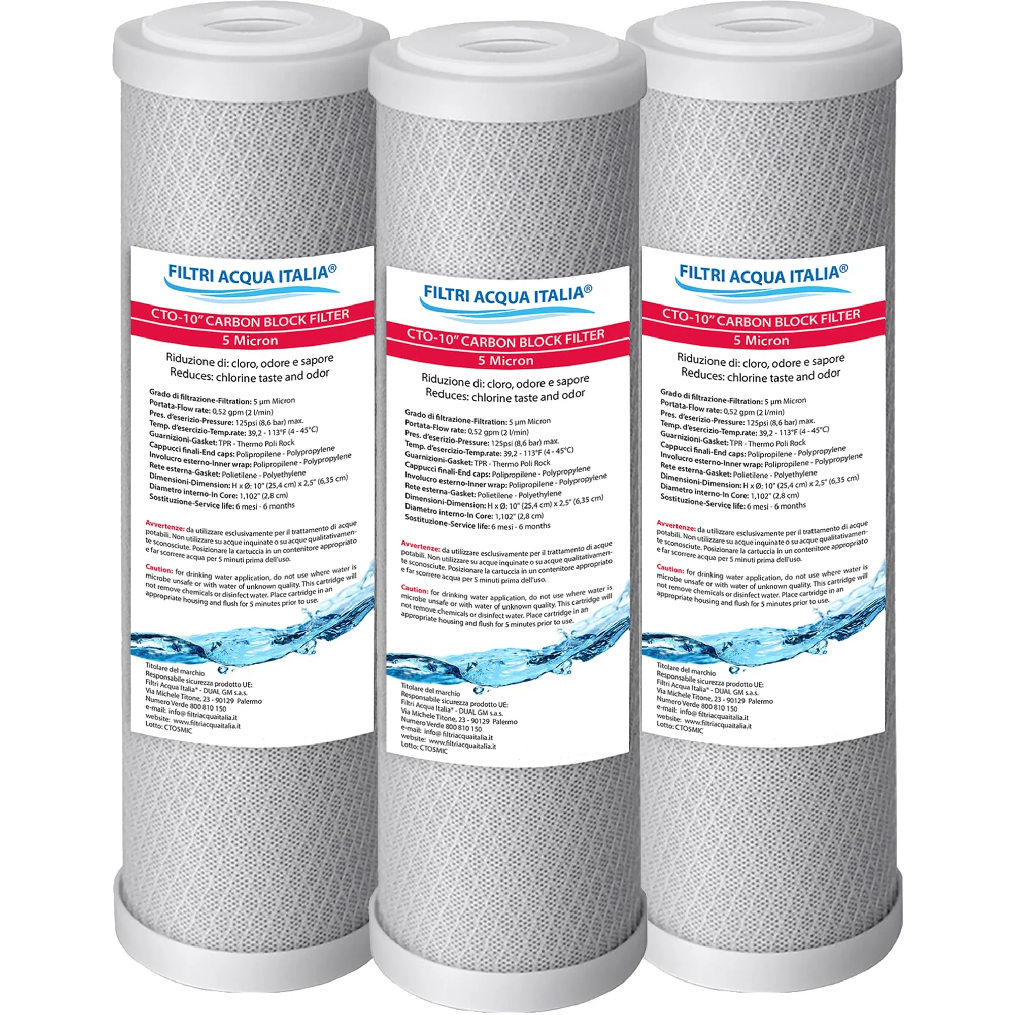 Set di 3 Cartucce Carbon Block 5 Micron 10 Pollici CTO Filtri Acqua Italia®