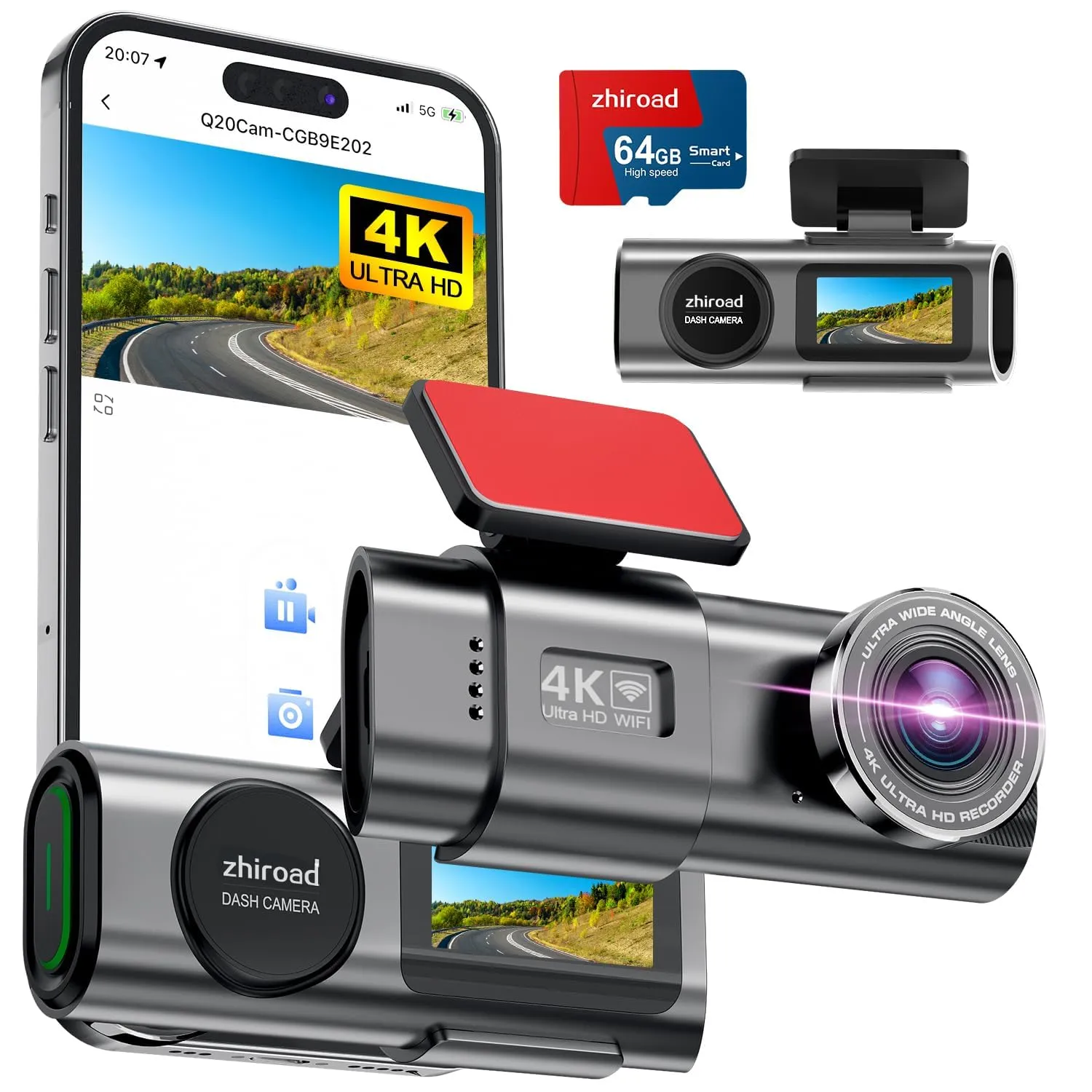 Dash Cam Auto 4K con Scheda SD 64GB, WiFi, App e Visione Notturna