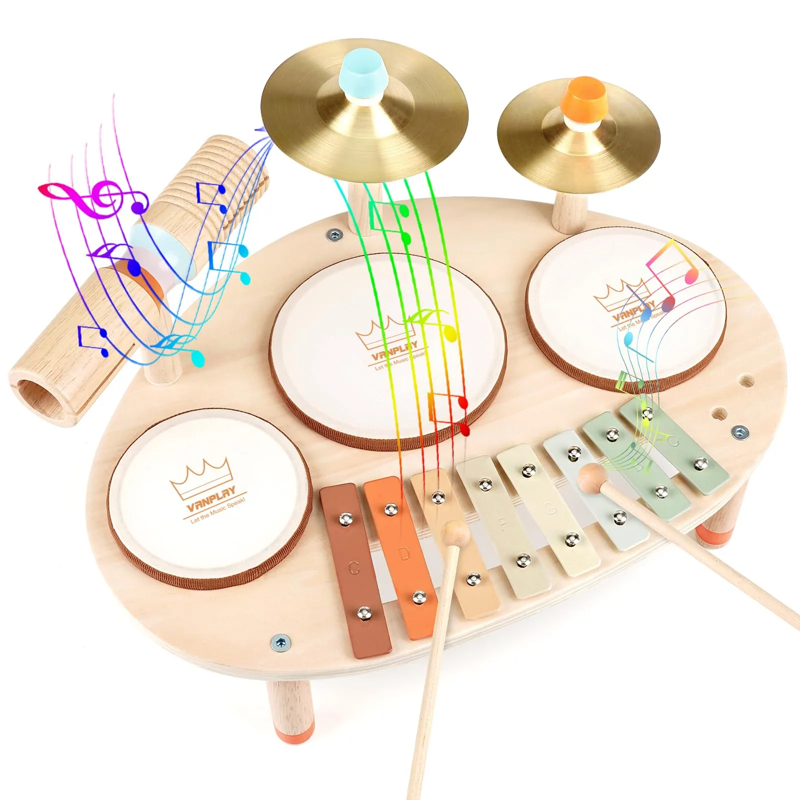 Vanplay - Set di Strumenti Musicali per Bambini: Tamburo, Xilofono e Percussioni in Legno