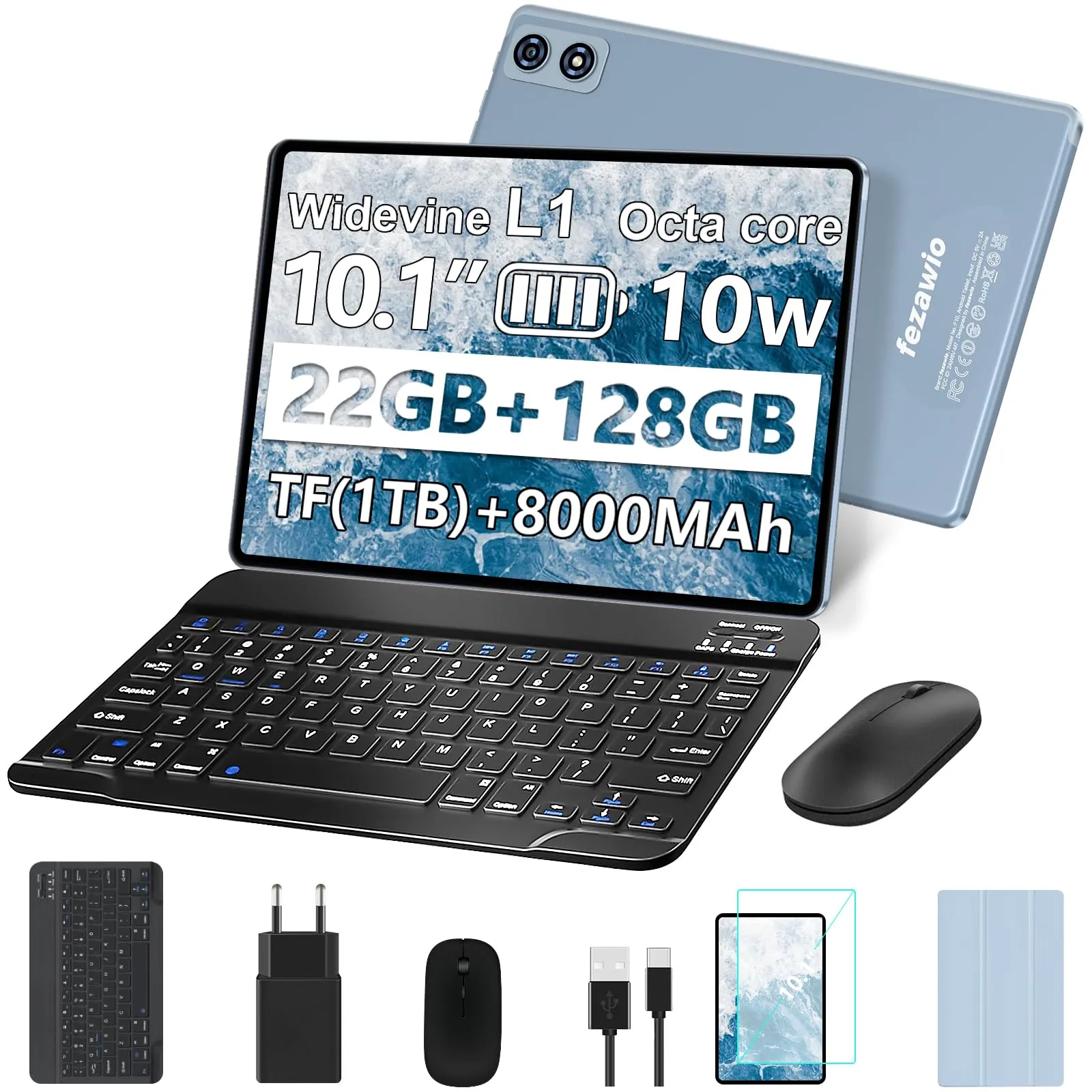 Fezawio F10 Tablet 10 Pollici Android 14, 22GB RAM, 128GB ROM, 5G Wi-Fi, Tastiera e Mouse