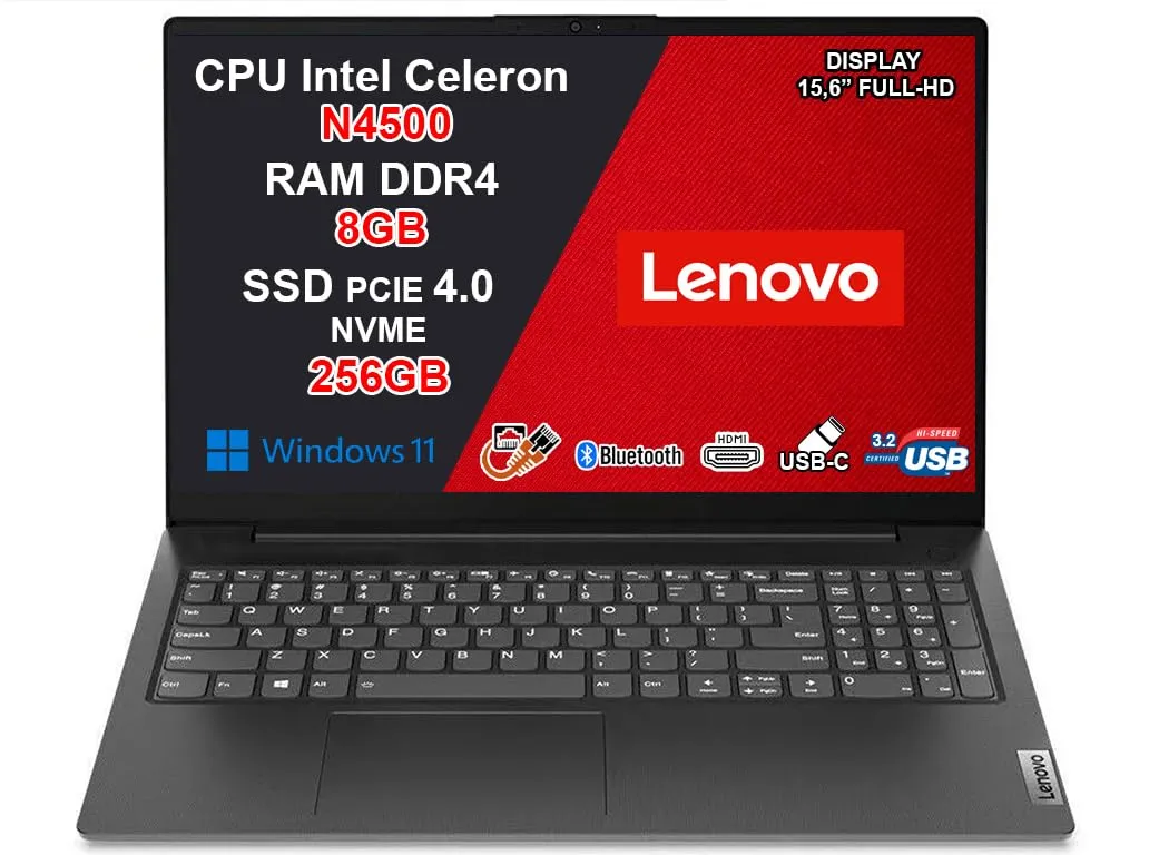 Lenovo Notebook V15 G2, Intel Celeron N4500, 8GB RAM, 256GB SSD, 15.6" Full HD, Windows 11 Home