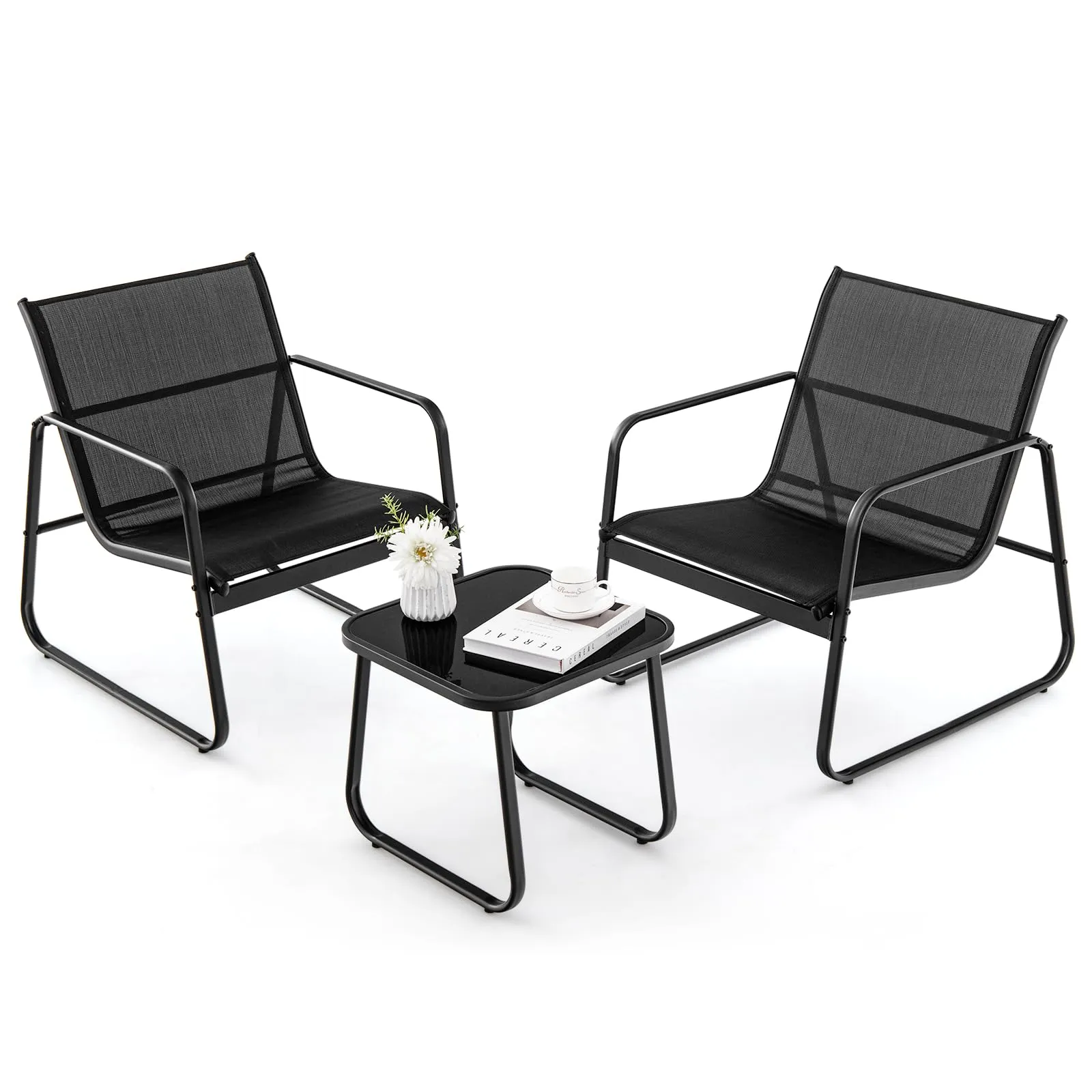 COSTWAY Set Tavolino e Sedie da Giardino, Set Bistrò 3 Pezzi, Set da Giardino in Metallo e Tessuto Textilene, Tavolino in Vetro Temperato, per Giardino, Cortile, Bordo Piscina (Nero)
