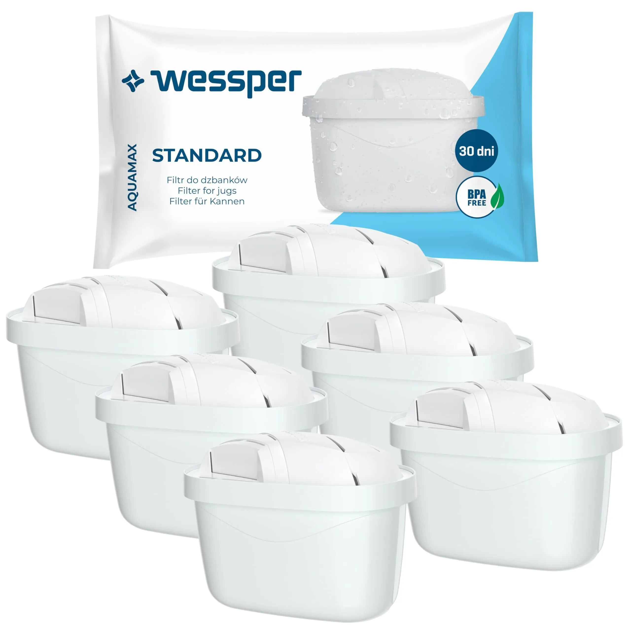Wessper Cartucce filtranti per brocca, ricambio per cartucce filtranti Brita Maxtra +, filtro a carboni attivi, filtro acqua Brita compatibile per brocca, Dafi e Aquaphor - 6 pezzi