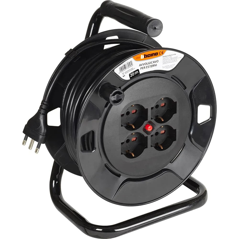 BTicino Avvolgicavo Elettrico 20m, 4 Prese, Nero