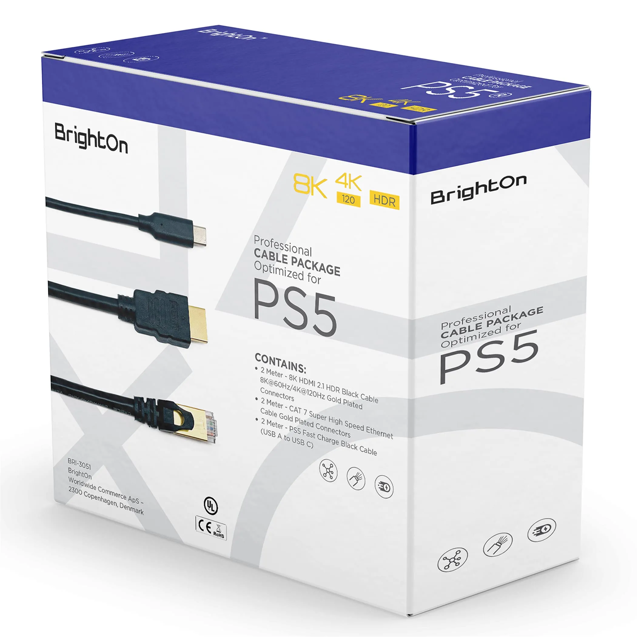 BrightOn Pacchetto Cavi Ottimizzato per PS5: HDMI 2.1 8K, Ethernet CAT 7 e Ricarica Rapida USB-C