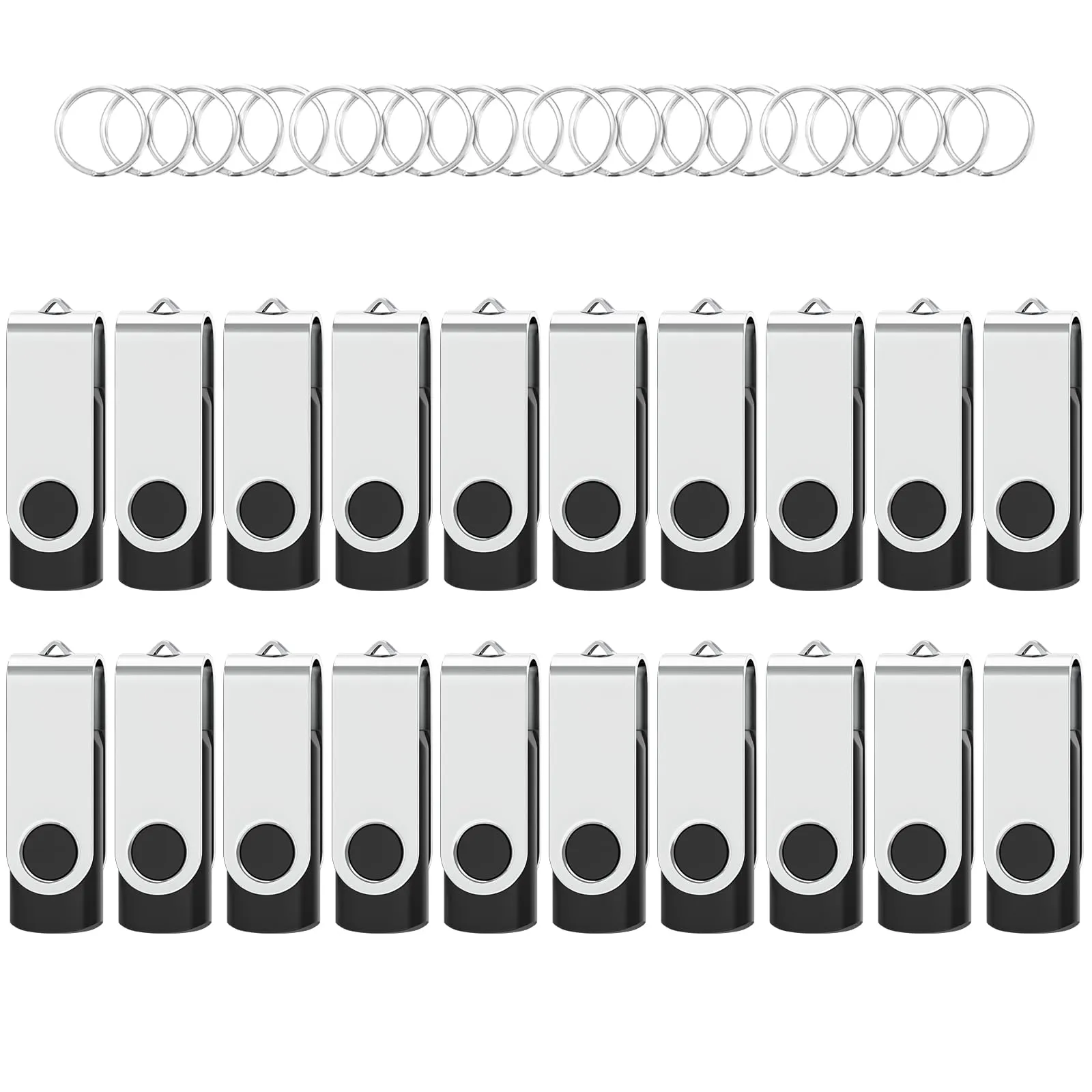WOOOLKEN 20 Pezzi Chiavetta USB 8GB Nera Girevole con Portachiavi