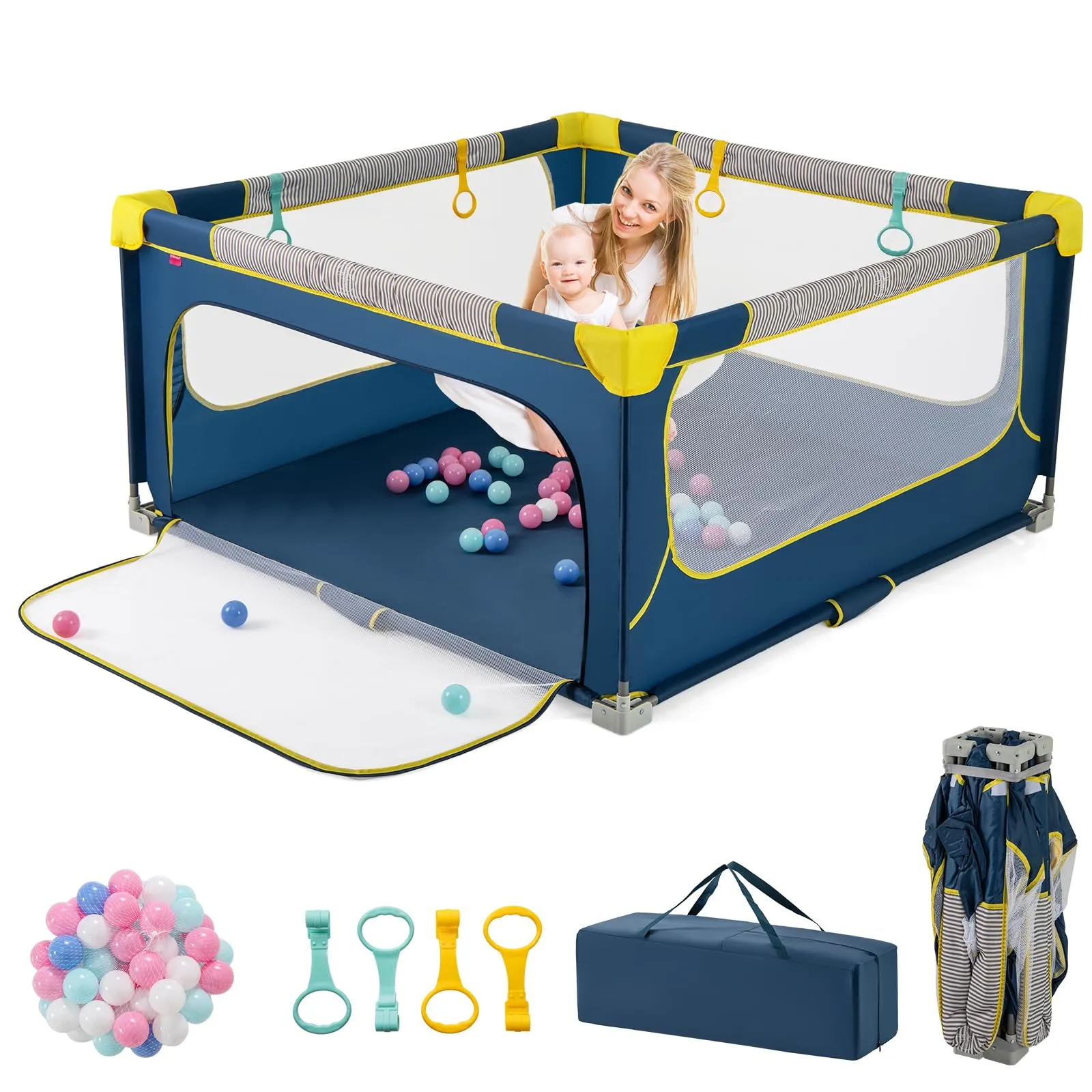 Box per Bambini COSTWAY 150x150 cm Blu con Palline e Anelli