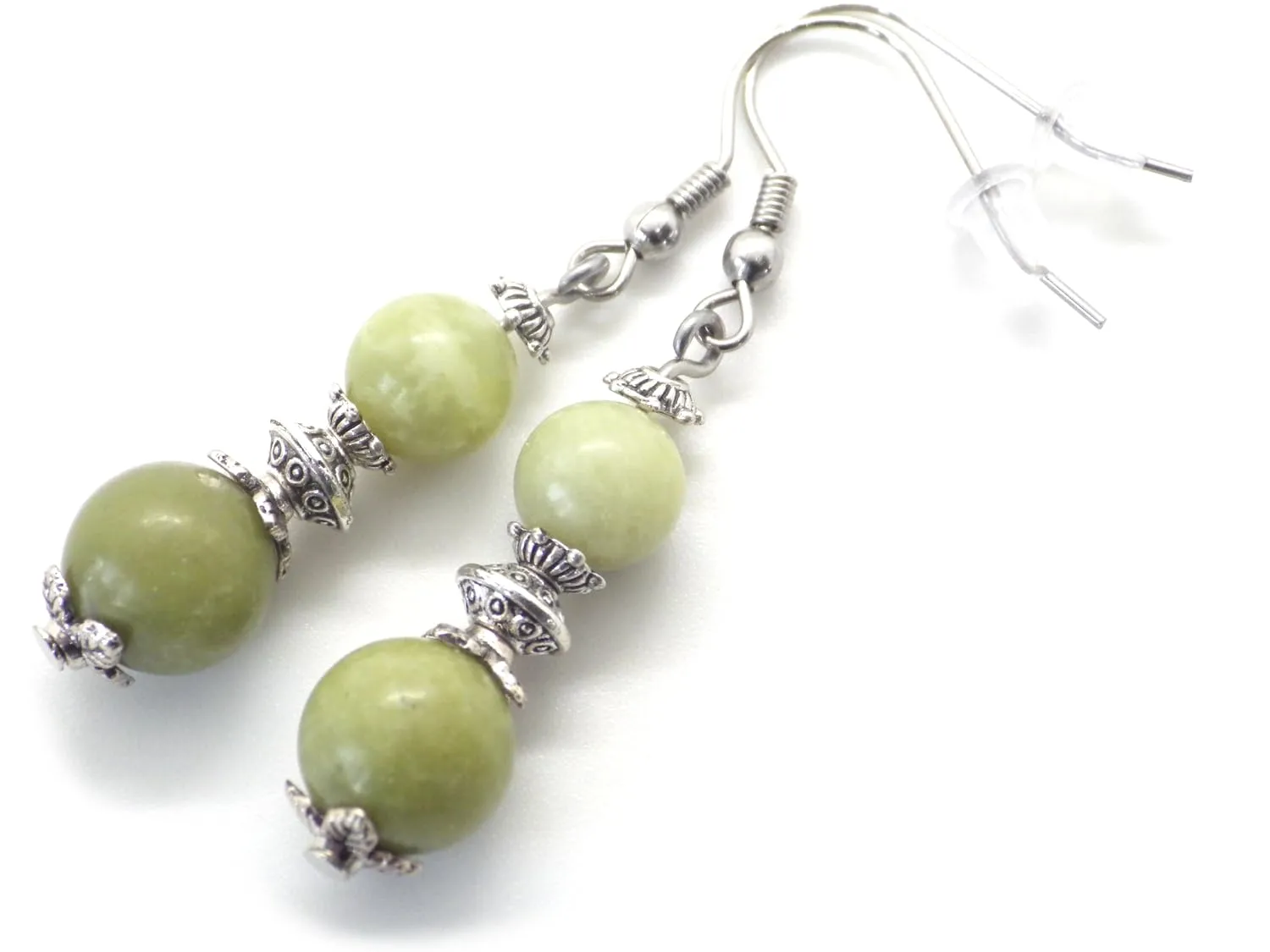 Orecchini Artigianali in Acciaio Inossidabile, Ottone Argentato e Giada Verde di Taiwan