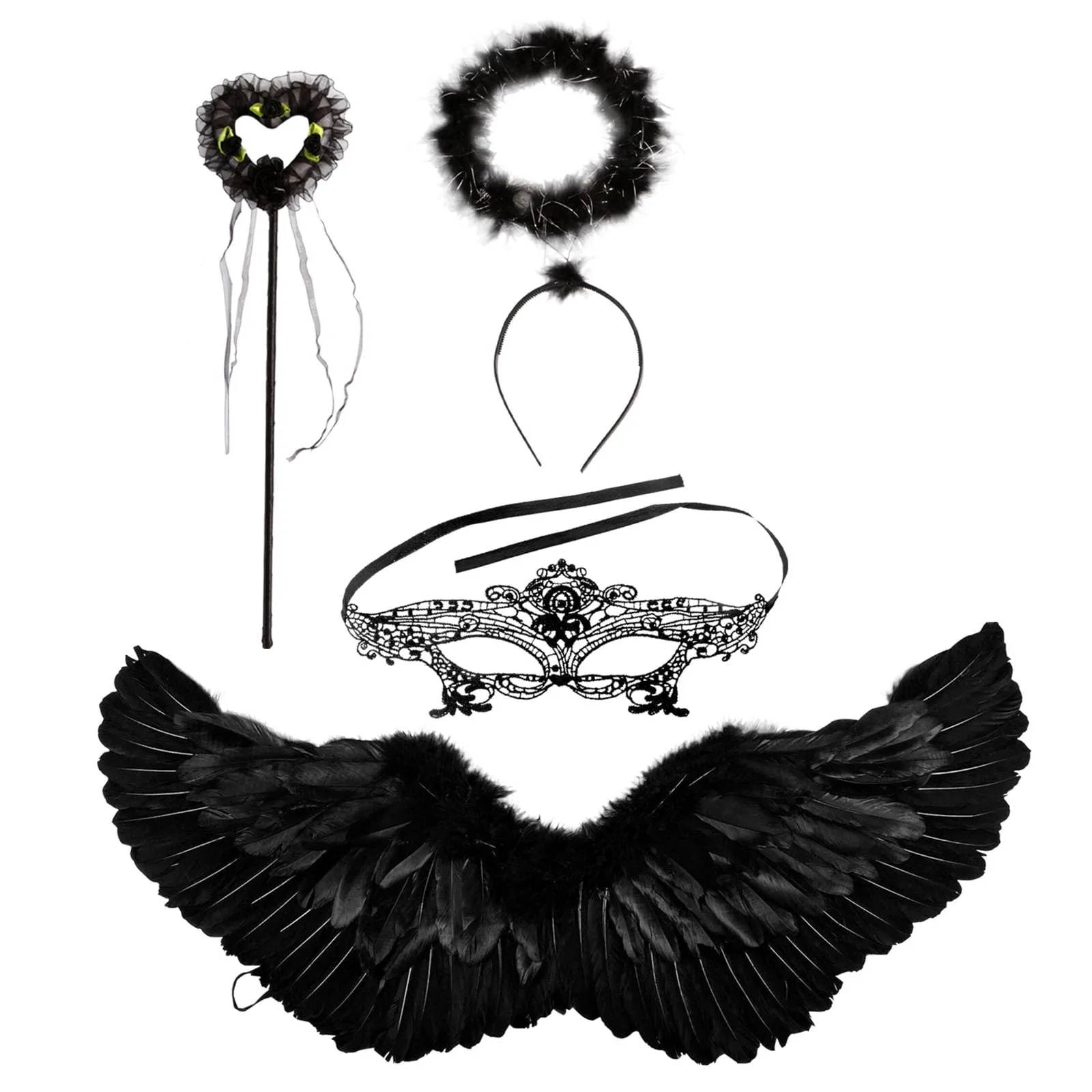 Set Costume Angelo Nero: Ali, Aureola, Bacchetta e Maschera