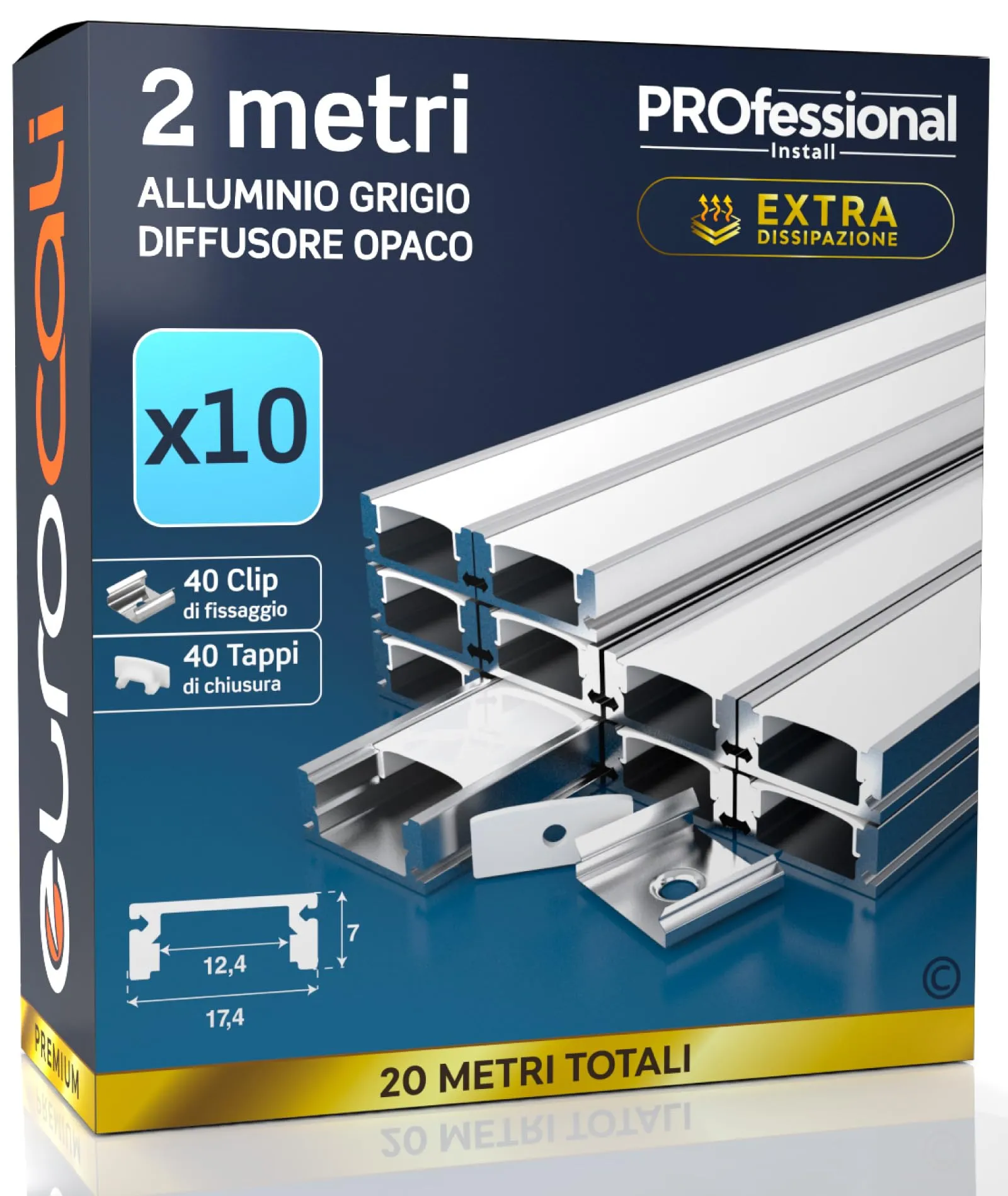 Eurocali 10x Profili in Alluminio Grigio per Strisce LED (20 metri) con Schermatura Opaca