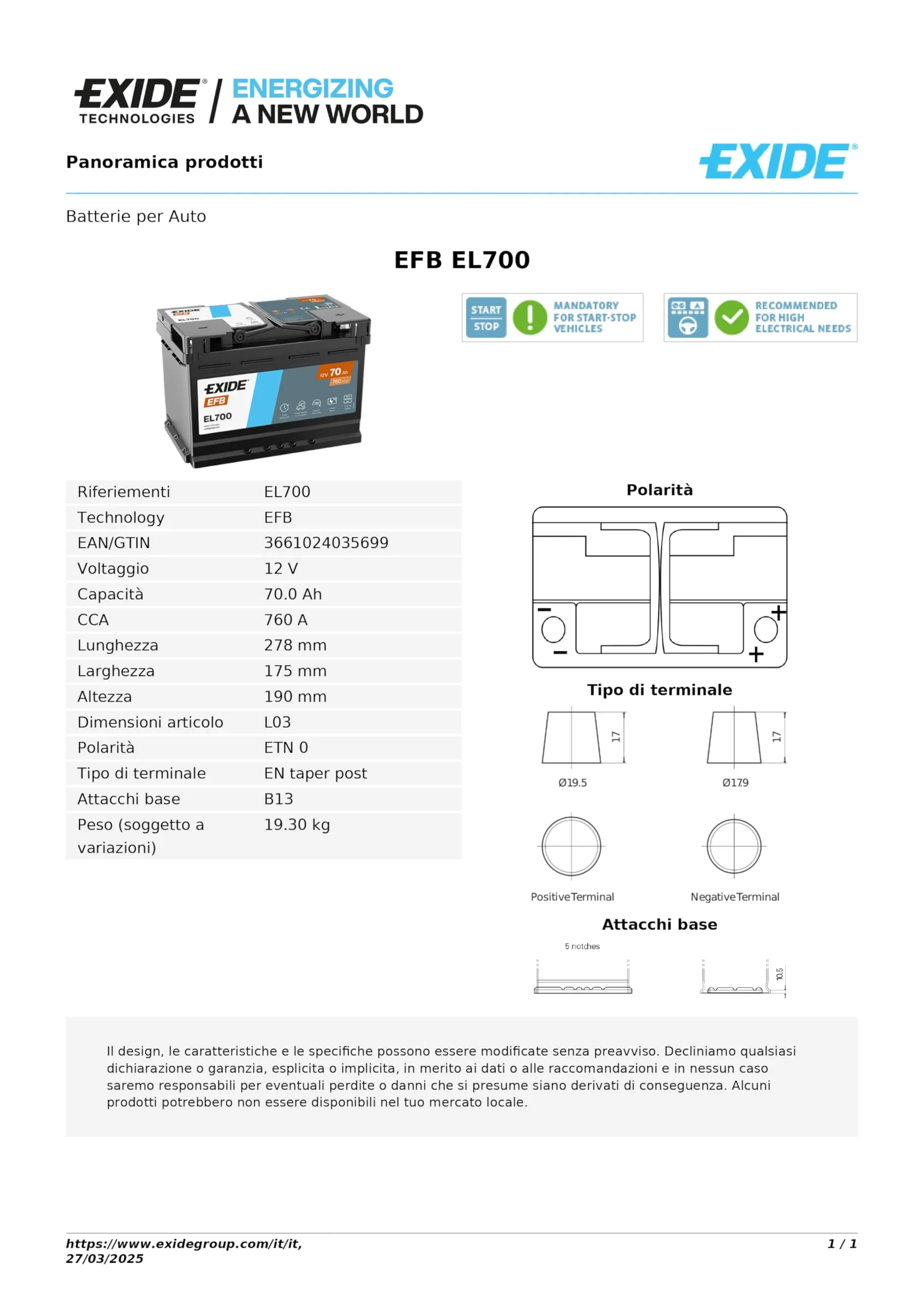 Batteria Auto Exide EL700 EFB Start-Stop 70Ah 760A