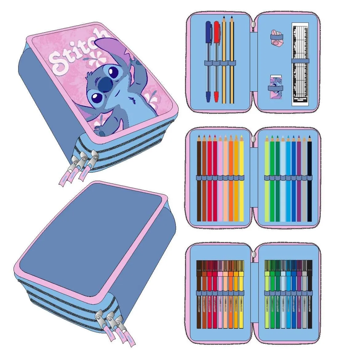Astuccio Scolastico Triplo Stitch Rosa - Accessori Inclusi