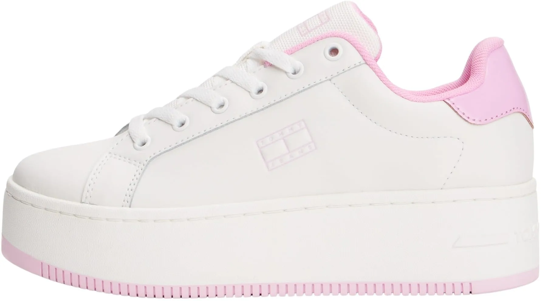 Tommy Jeans Sneakers Donna con Suola Alta in Pelle Ecru/Carnival Pink